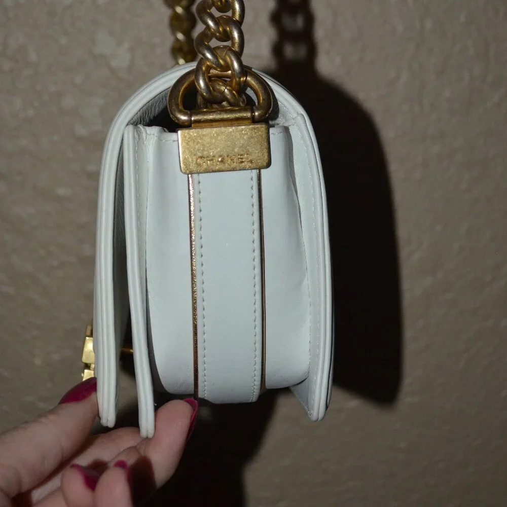Chanel White Braided Leather Boy Bag Chain Strap Crossbody Shoulder Handbag